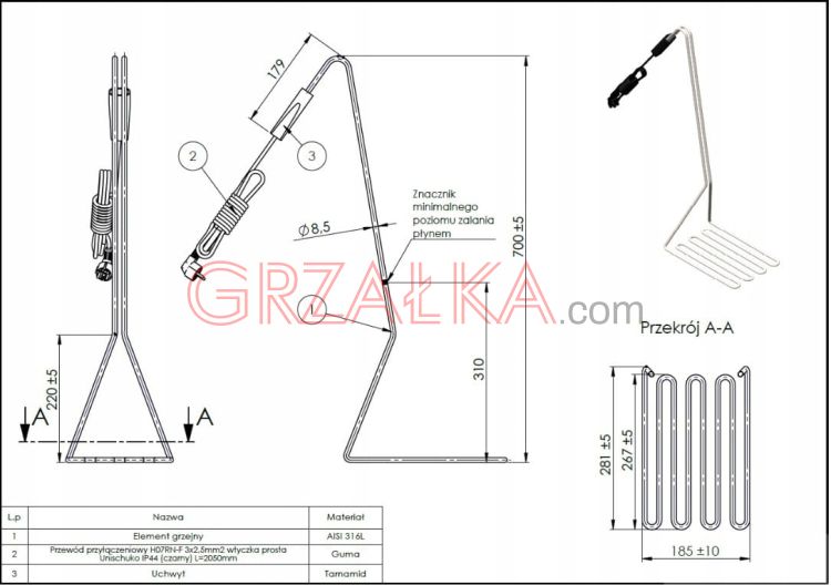 Grzałka zanurzeniowa do pasteryzacji 3200W 230V 61.001 GNB02 rysunek